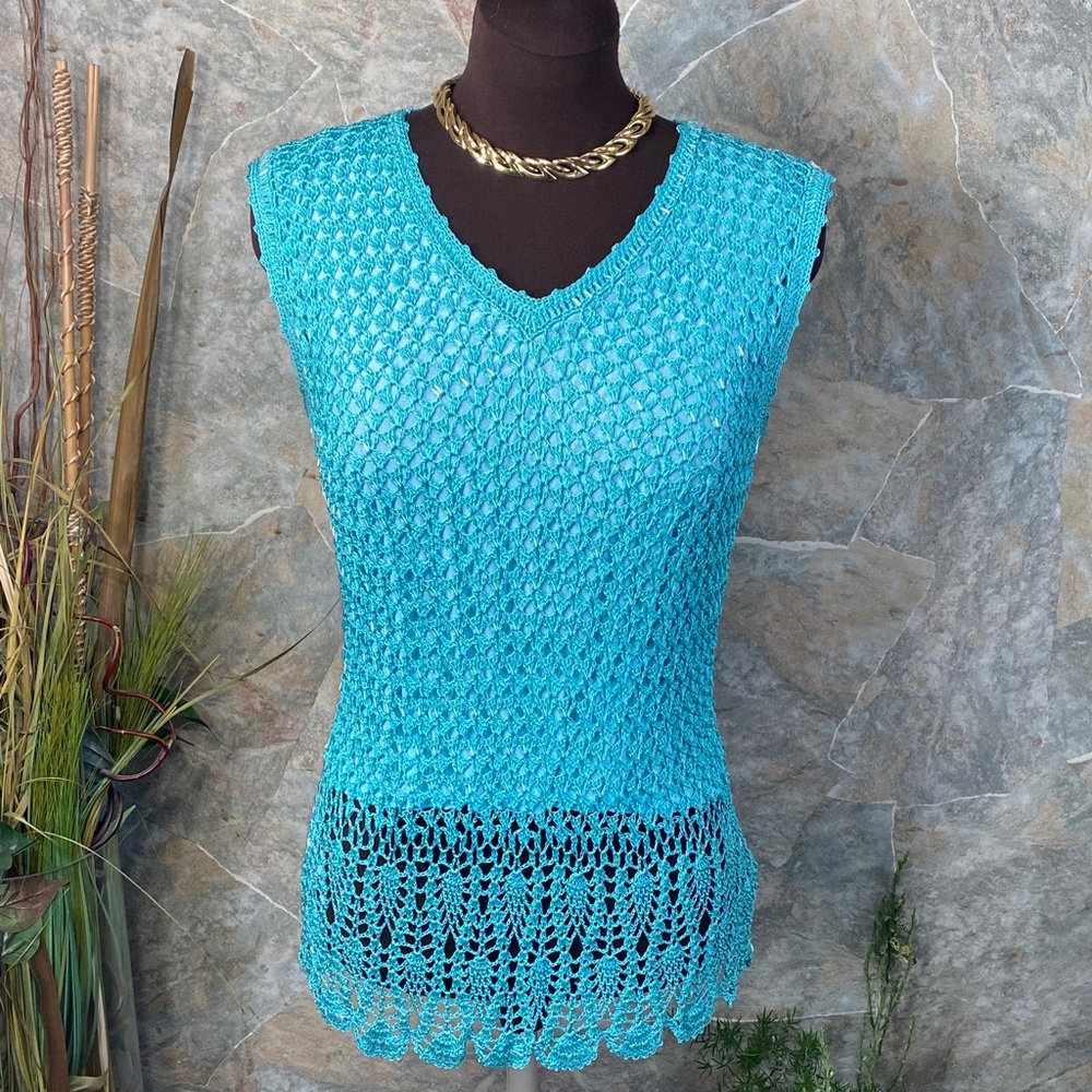 Shirt top blouse tunic beaded crocheted cottage feminine sleeveless pull over
